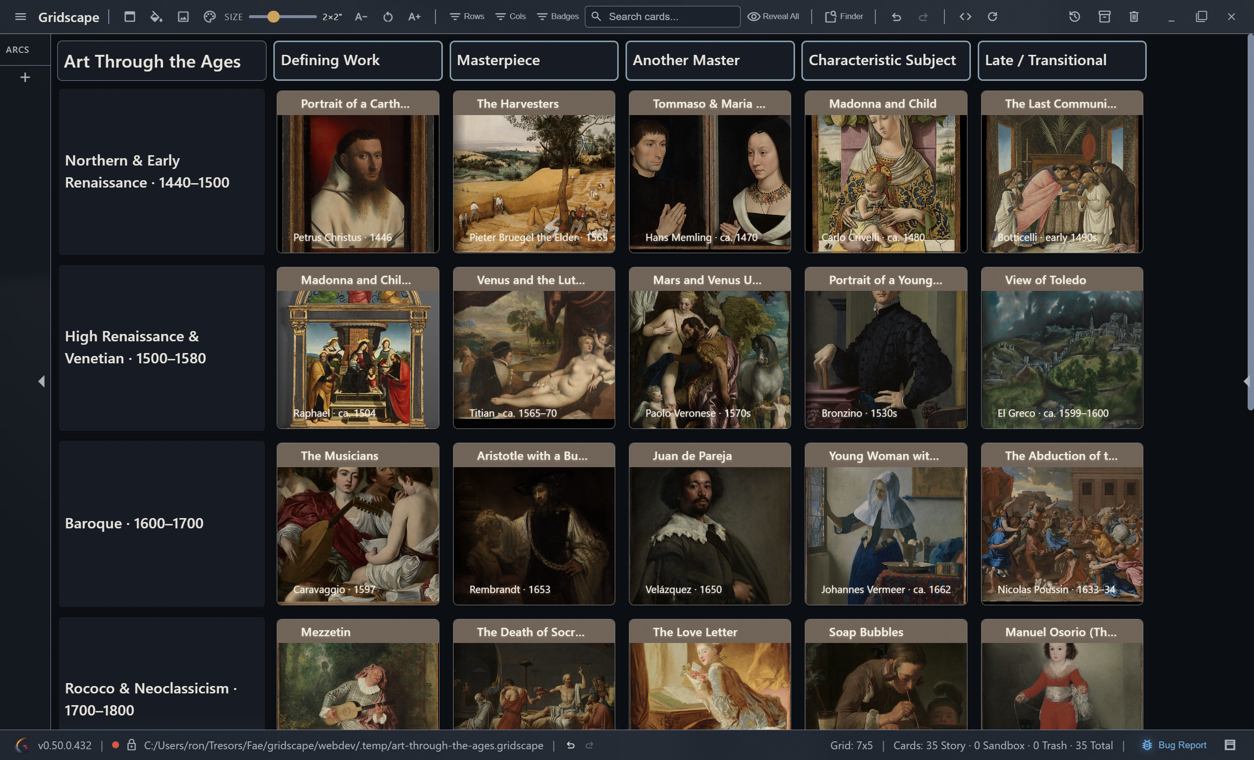 A Gridscape grid titled Art Through the Ages. Each cell holds a public-domain painting, organised into seven art movements across five facets.